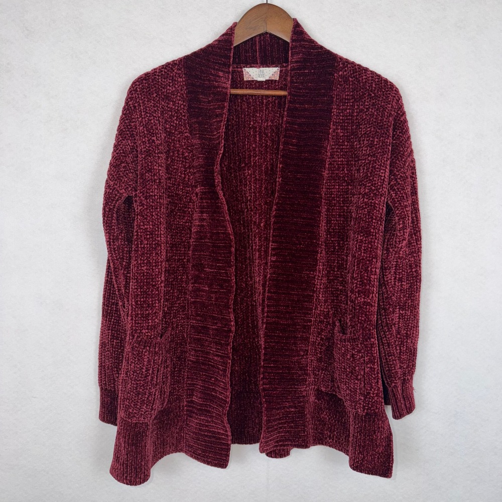 Pink Rose Cardigan Women Large Burgundy Chenille Open Front Shawl Pocket Cozy